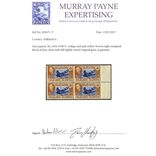 501 - 1938 5s indigo & pale yellow-brown, right side UM marginal block of four, light toned gum. SH.91b, S... 