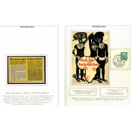 620 - THIRD REICH propaganda PPC's on leaves incl. Russian caricature of Goering, Christmas markets, WHW, ... 