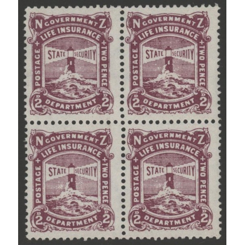 821 - 1913 Life Insurance 2d bright purple in block of four UM, very fine & fresh, SG.L28, Cat. £200+