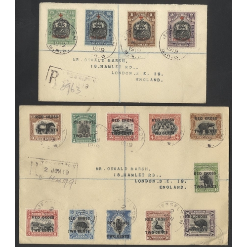 842 - 1918 pair of registered covers to Oswald Marsh with 'Red Cross Two Cents' set to 24c (11 vals) and S... 