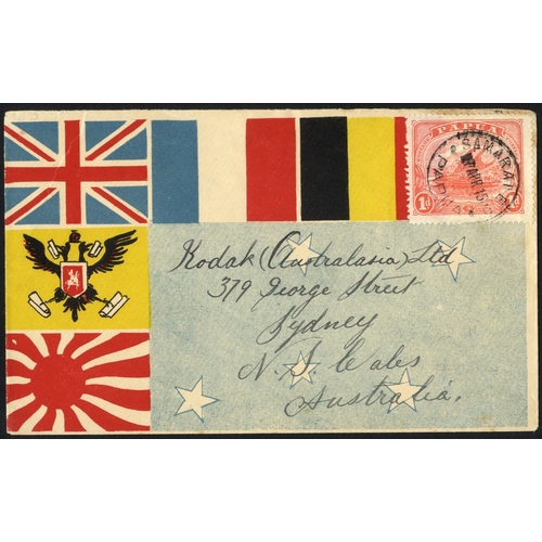 878 - 1915 (Apr 7) use of scarce 'Southern Cross & Allied Flags' envelope addressed to Australia, franked ... 