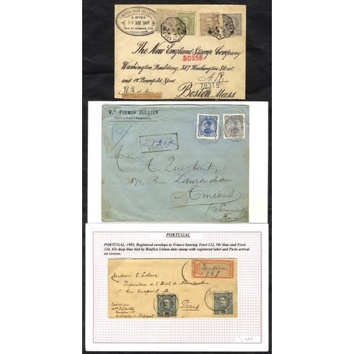 894 - 1903 registered envelope to France franked 50r blue & 65r deep blue, tied Benfica Lisboa d/stamp wit... 