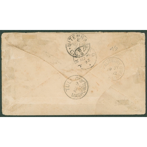 898 - 1892 (19 July) envelope from Salisbury to Uitenhage, Cape Colony, bearing 1892 2d tied by '827' barr... 