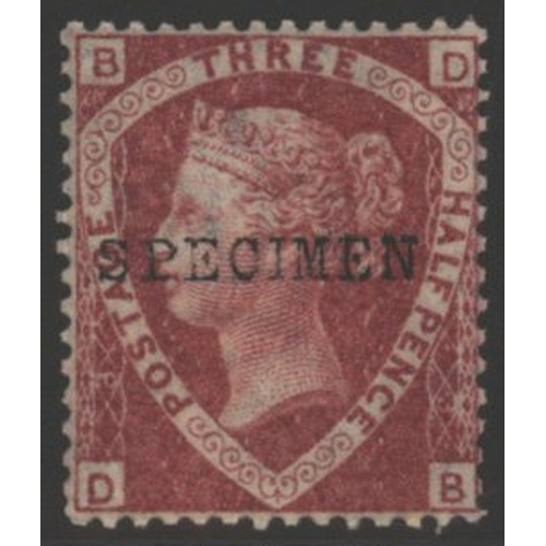 1344 - 1870 1½d rose red Pl.3 DB, optd SPECIMEN, well centred fine o.g. SG.51sa, Cat. £300 (1)