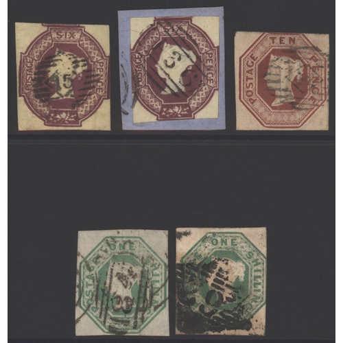 1345 - 1847-54 Embossed 6d purple U single, another U on a piece, 10d brown - clear on three sides, 1s pale... 