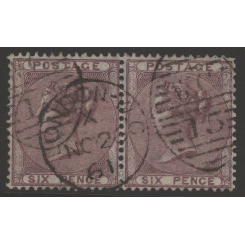 1349 - 1856 Wmk Emblems 6d pale lilac (Azure paper) FU horizontal pair cancelled by London 'WC/15' District... 