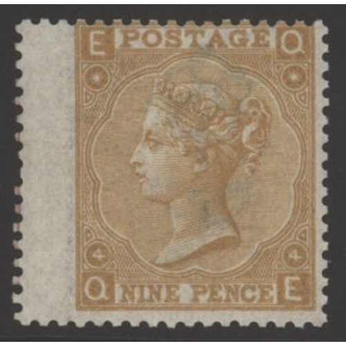 1354 - 1867 Wmk Spray 9d straw Pl.4, very fine large part o.g wing margin example lettered QE. Superb colou... 