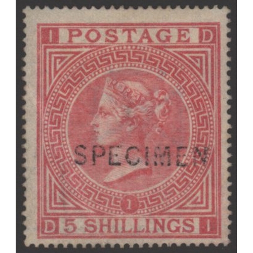 1357 - 1867 Wmk Maltese Cross 5s rose Pl.1 optd SPECIMEN Type 6, fine unused, slight diagonal corner crease... 