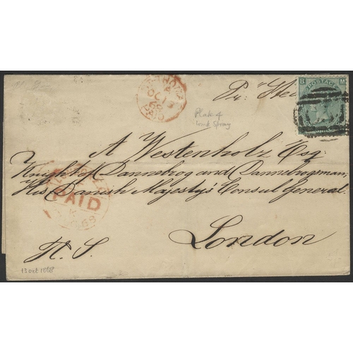 1450 - DANISH WEST INDIES 1868 cover to London, franked 1s green Pl.4 (SG.117) single blunt perf, tied by b... 