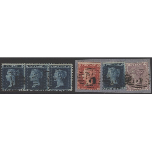 1452 - MALTA 'M' CANCELLATIONS 1857 LC14 2d Pl.6 RJ-RL strip of three, also a piece bearing LC14 1d PH, 2d ... 