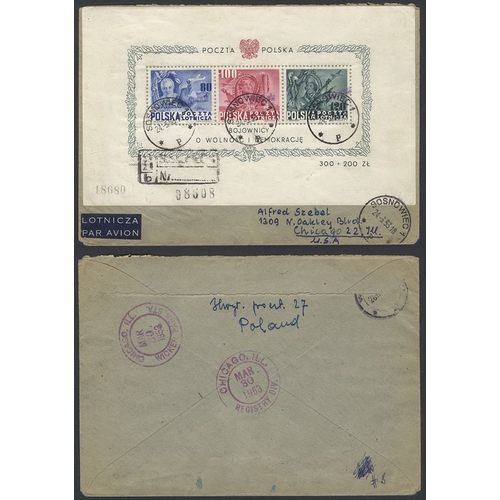 835 - 1948 Roosevelt M/Sheet optd GROSZY on an airmail reg cover to Chicago, USA, cancelled & tied by Sosn... 