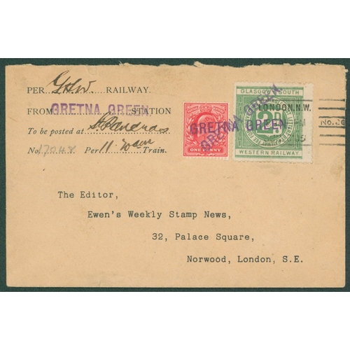 1166 - 1905 cover from Gretna Green to St. Pancras then on to Norwood franked 1d KEVII and GLASGOW SOUTH WE... 