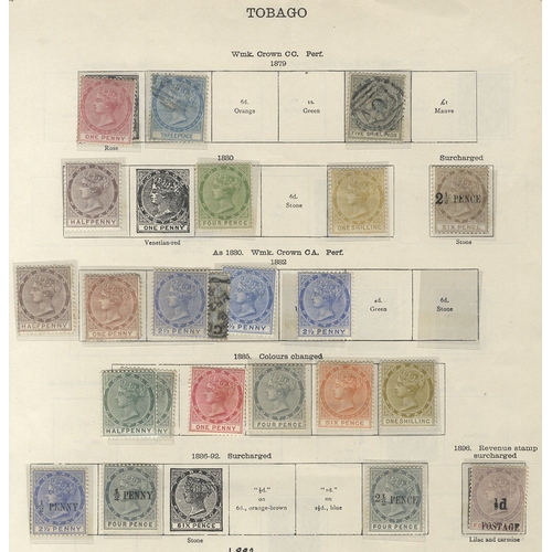 294 - TOBAGO 1879-96 predominantly M range incl. 1879 1d (Cat. £150), 3d U (Cat. £95), 5s U, fake A01 Pmk ... 