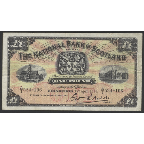 469 - National Bank of Scotland £1 dated 15th April 1936, series A/I 524-106, Pick 258a, good fine. (1)