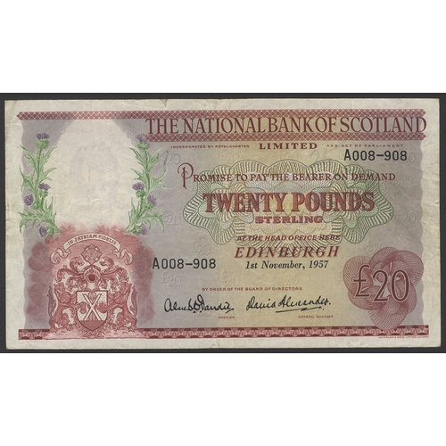 472 - National Bank of Scotland £20 dated 1st November 1957, series A008-908, Pick 263a, good fine. (1)