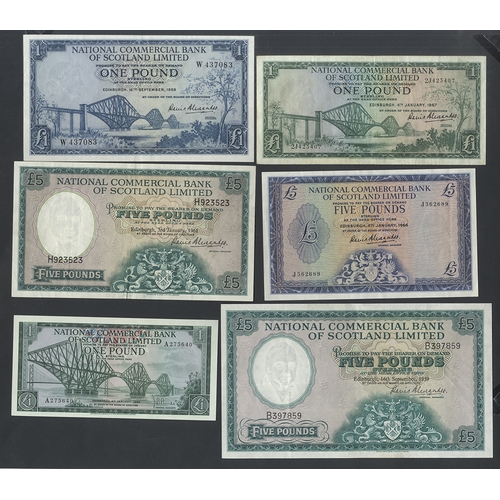 473 - National Commercial Bank of Scotland (6), £1 dated 1959, 1967 & 1968, £5 dated 1959, 1961 & 1966, Pi... 