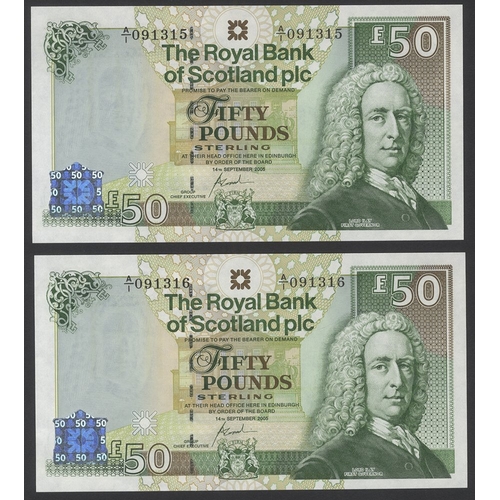 505 - Royal Bank of Scotland Plc £50 (2) consecutive pair, dated 14th September 2005, first series A/1, Pi... 