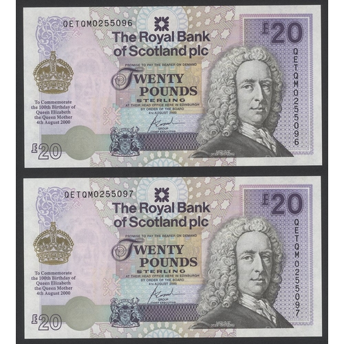 506 - Royal Bank of Scotland Plc £20 (2) consecutive pair dated 4th August 2000, Queen Mother commemorativ... 