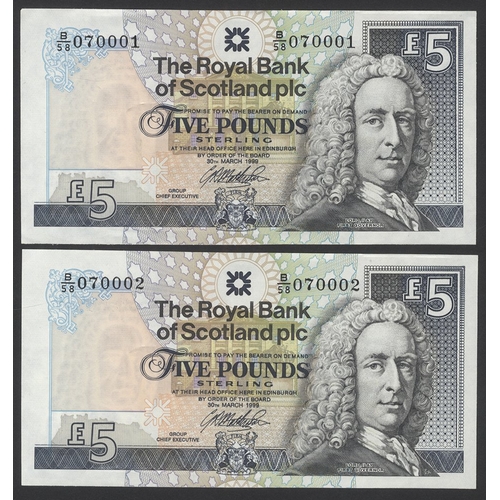 508 - Royal Bank of Scotland Plc £5 (2) consecutives dated 30th March 1999, first series for date B/58, Pi... 