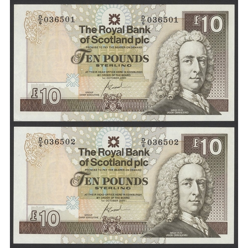 510 - Royal Bank of Scotland Plc £10 (2) consecutives dated 1st October 2001, first series for date D/6, P... 