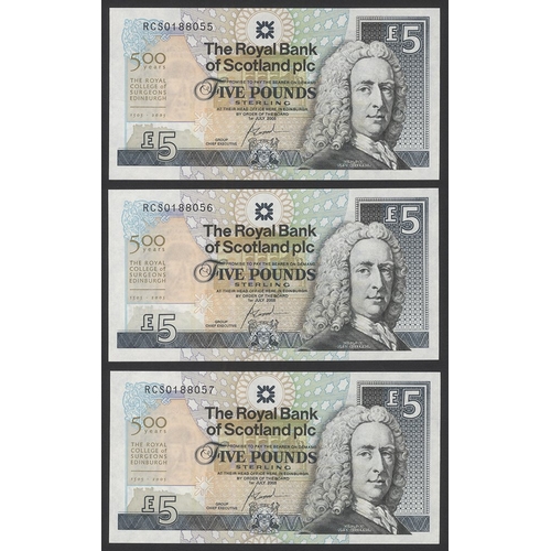 518 - Royal Bank of Scotland Plc £5 (3) consecutives dated 1st July 2005, Royal College of Surgeons commem... 