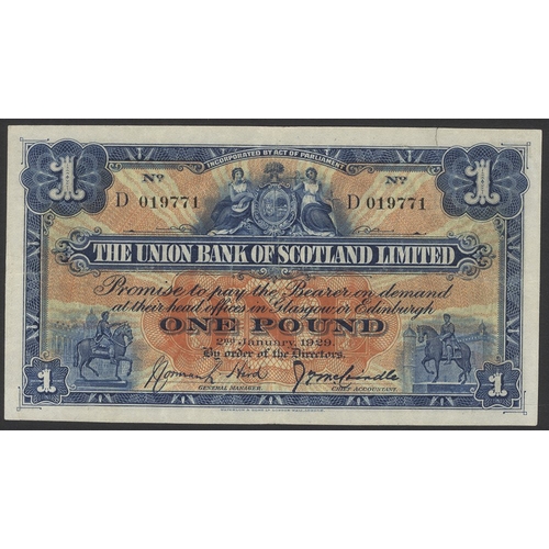 523 - Union Bank of Scotland £1 dated 2nd January 1929, series D019771, Pick 815b, small repair, pressed V... 