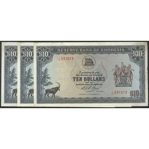 549 - Rhodesia $10 (3) consecutives dated 19th November 1975, series J/32, Pick 33h, edge stains, GEF. (3)