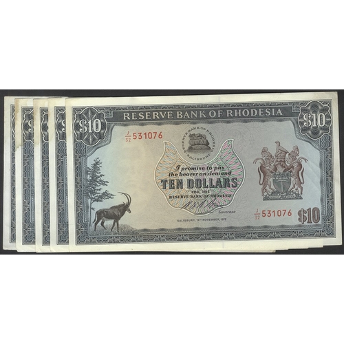 550 - Rhodesia $10 (5) consecutives dated 19th November 1975, series J/32, Pick 33h, some stains, GEF. (5)