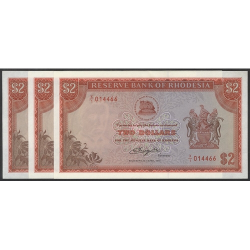 552 - Rhodesia $2 (3) consecutive replacements dated 15th April 1977, series X/1, Pick 35br. (3)