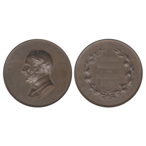 593 - DR. JOHN PROPERT (1793-1867), COPPER PRIZE MEDAL OF EPSOM COLLEGE, by J. S. & A. B. Wyon, 1867, bust... 