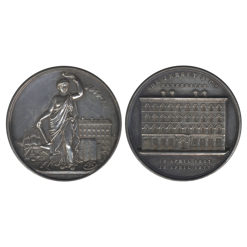 599 - DE JERSEY & Co, FIFTIETH ANNIVERSARY, silver medal, 1877, by Elkington & Co, fa?ade of the company's... 