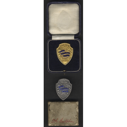 624 - PAIR OF LONG SERVICE LAPEL BUTTONS FOR L.B. Ltd., in gold & silver, presented to Sydney Richard Butc... 