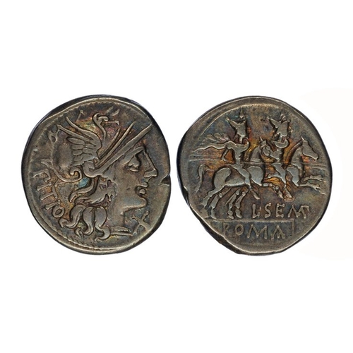 705 - L. Sempronius Pitio, 148 BC, silver Denarius, 3.91g. Obverse; helmeted head of Roma right, X beneath... 