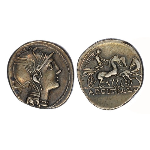 706 - Appius Claudius Pulcher, T. Manlius Mancinus, and Q. Urbinius, 111/110 BC, silver Denarius, 3.82g. O... 