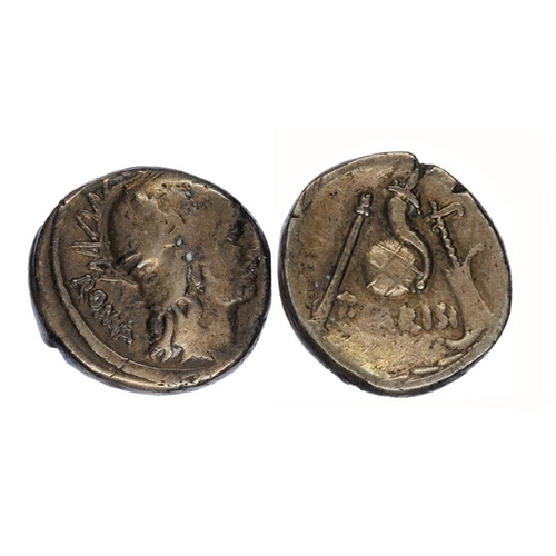 709 - T. Carisius, 46 BC, silver Denarius, 3.75g. Obverse; helmeted head of Roma right, ROMA behind, rever... 