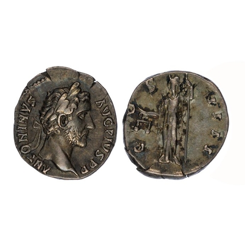 711 - Antoninus Pius, 138-161 AD. Silver Denarius, 3.34g. Obverse; ANTONINVS AVG PIVS P P, laureate head o... 