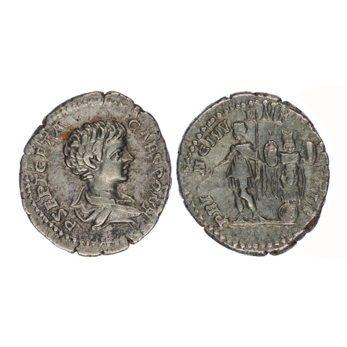 716 - Geta, 209-211 AD. Silver Denarius, 3.23g, as Caesar (198-209 AD). Obverse; P SEPT GETA CAES PONT, dr... 