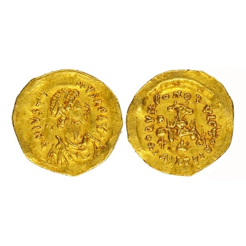 723 - Justin II, 565-578 AD. Gold Tremissis, 1.43g, mint of Constantinople. Obverse; D N IVSTINVS P P AVG,... 