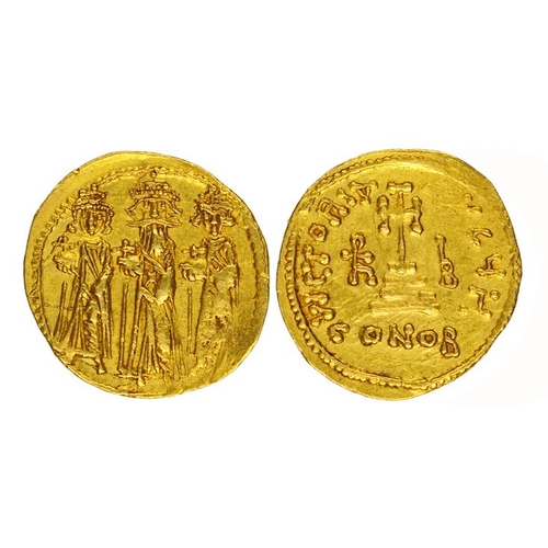 728 - Heraclius, 610-641 AD, with associate emperors, his sons Heraclius Constantine and Heraclonas. Gold ... 