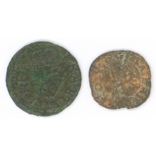 764 - Copper farthing, VF plus a Charles I, similar with rose, GVF but a little porous. (2).