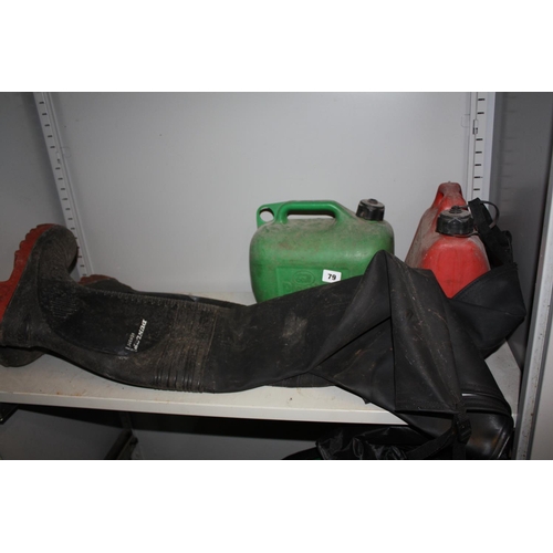 79 - 2 petrol cans & size 10 Dunlop waders