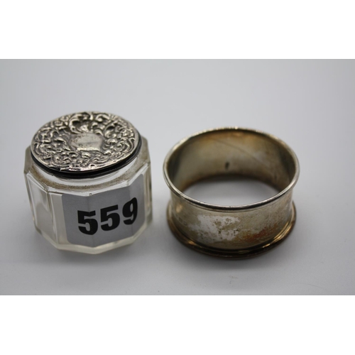 559 - Silver napkin ring & silver topped pot- lid a/f