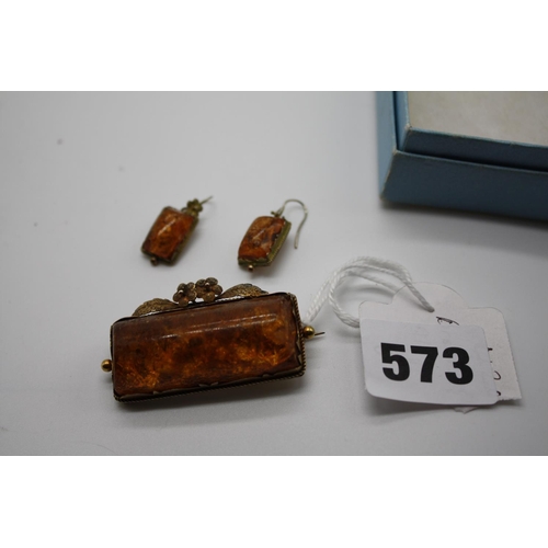 573 - Amber brooch & earrings - slight chips