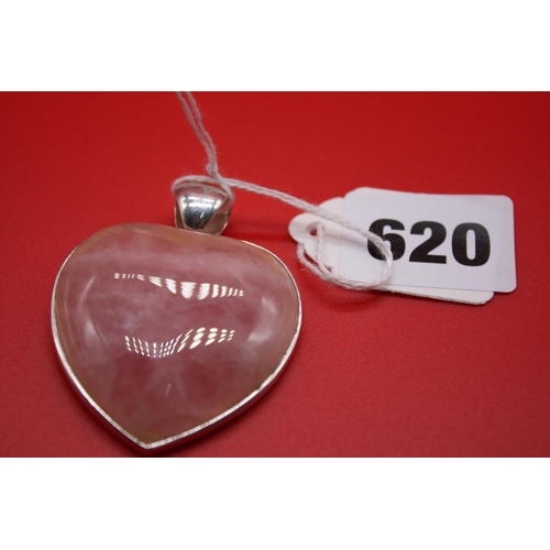 620 - Large silver rose quartz heart shaped pendant 2