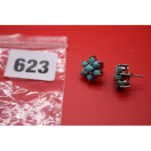 623 - Pair silver & turquoise floret earrings