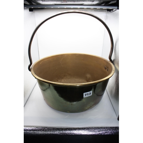 713 - Large brass pan with iron handle 13 1/2