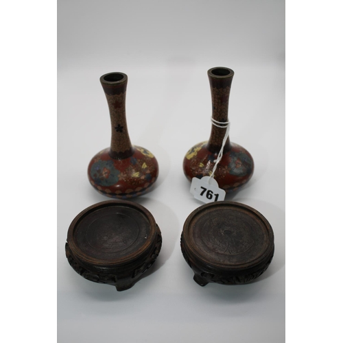 761 - 2 cloisonne vases on carved wood stands 5