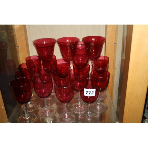 772 - 20 cranberry glass drinking glasses