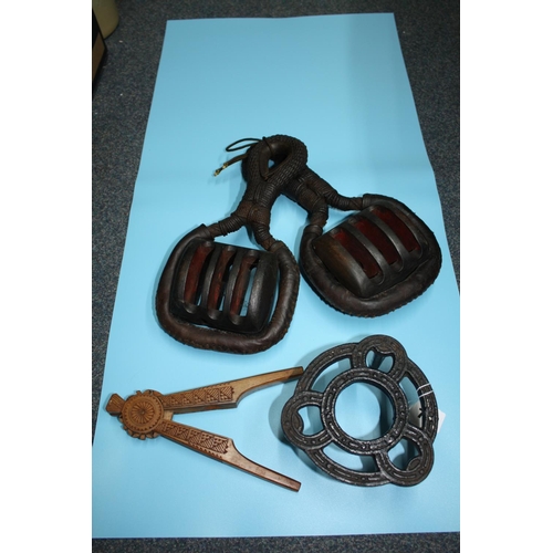 778 - Pair vintage pulleys, trivet etc