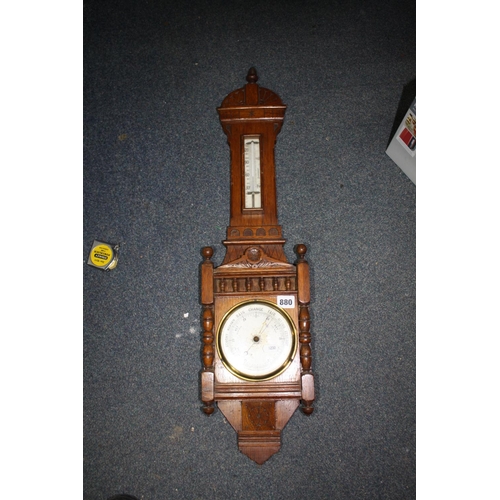 880 - Carved oak barometer/ thermometer 32